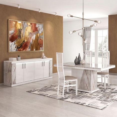 Séjour buffet + table repas blanc et aspect marbre gris-brun - NERVY (1/5)