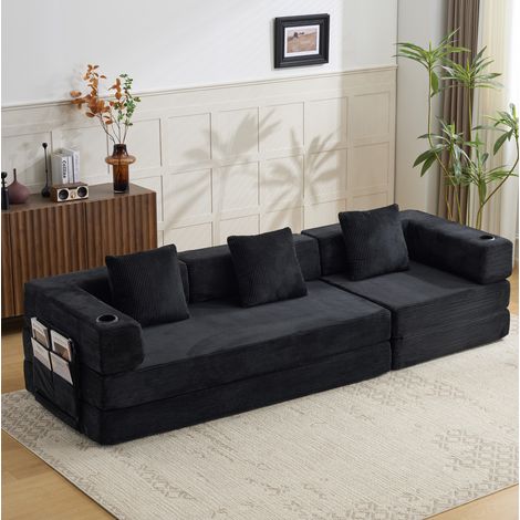 Ausziehbares Bodensofa zum Bett, schwarzer Cord, 277,5 x 92,5 x 60 cm, OKMYHOME (1/5)