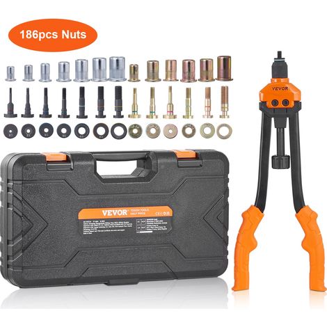 Riveteuse Manuelle pour Écrou à Sertir 41 cm Pince à Insert Fileté avec 13 Mandrins 186 Écrous de 13 Tailles Outil à Riveter Bouton de Dérivetage Mallette Portable pour Automobile Bricolage (1/5)
