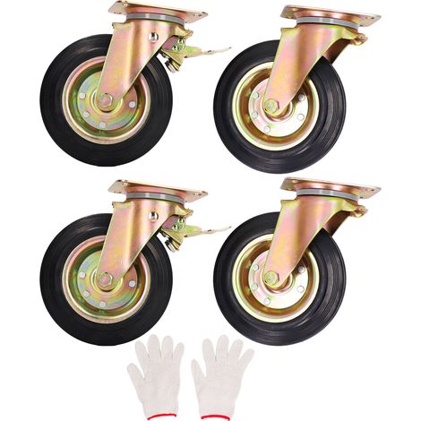 Ensemble de 4 roulettes industrielles robustes de 20 cm (8 pouces), pivotantes avec freins, rotation à 360°, pour établis, usines, tramways, palettes et meubles.