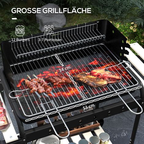 Barbecue fumoir charbon de bois métal sur roues, grille ajustable en hauteur, tablette bois, 103 x 47 x 95 cm, noir (1/4)