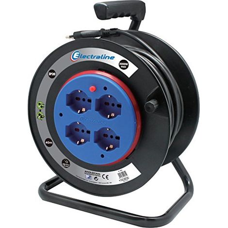 Prolunga elettrica con avvolgicavo a tamburo fisso 40 mt 4 prese polivalenti (schuko + 10/16A) spina grande 16A,sezione cavo 3G1,5 mm² nero