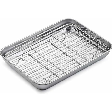 plaque à pâtisserie avec grille, 23 x 17 x 2.5 cm plat à rôtir rectangulaire en acier inoxydable, plaque de cuisson pour la maison et le restaurant, va au lave-vaisselle et résistant, (1/5)