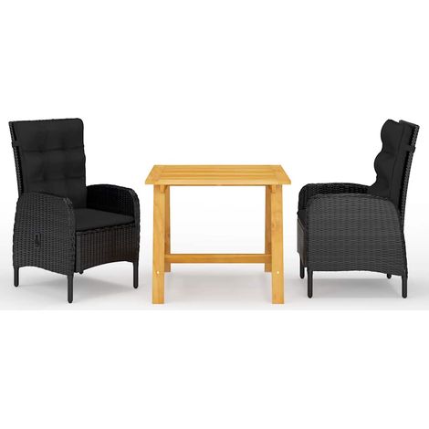 Ensemble repas de jardin 3 pièces, table en acacia et fauteuils inclinables noirs - PANGIVO (1/5)