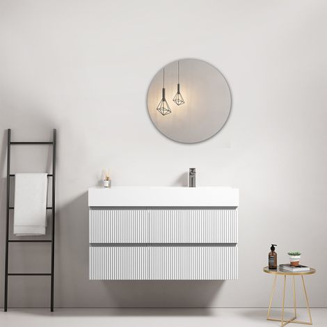 Mobile bagno sospeso cannettato 100 cm Bianco Lavabo a Destra in Resina Specchio Tondo - Fiji Paint