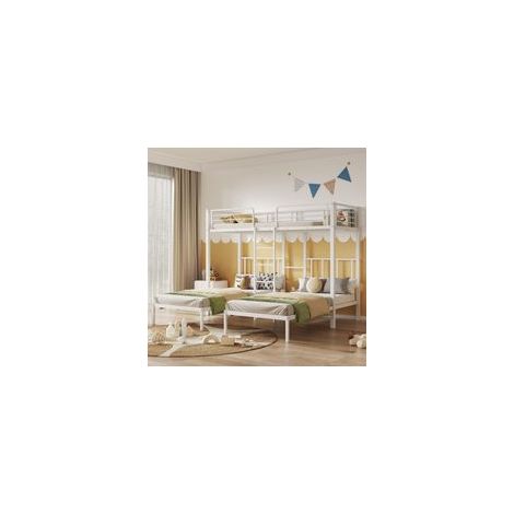 Lit triple en fer 90 x 200 cm, lit superposé avec échelle, barrières de sécurité et bureau, lit simple, lit enfant, lit adolescent, blanc