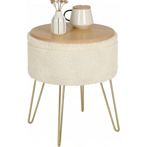 ELVMI Puff redondo con almacenamiento y bandeja extraíble, Reposapiés y Mesa auxiliar, en Poliéster y Metal, Beige (1/5)