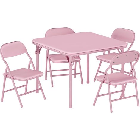 LUNSY-Ensemble table et chaises pliantes enfants 5 pièces, PU, structure acier, coloris rose (1/5)