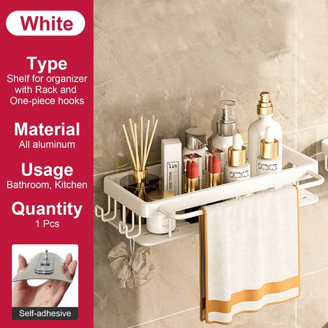 (Blanc avec support) Étagère de salle de bain murale sans perçage pour flacons de shampoing, étagère d'angle pour douche, étagère de rangement pour toilettes, accessoires de salle de bain et de cuisin (1/5)