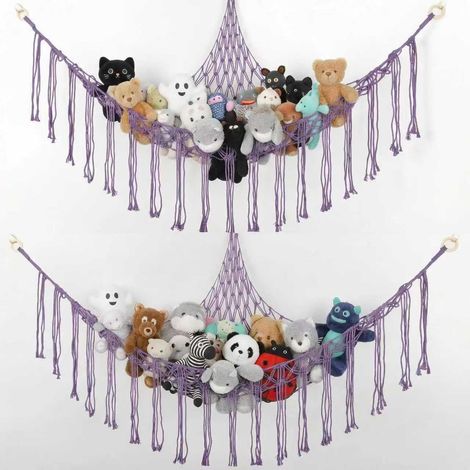 Paquete de 2 redes de almacenamiento para juguetes de peluche, organizador colgante para juguetes para el rincón de la habitación infantil, hamaca de macramé de tela para juguetes de peluche y animale (1/5)