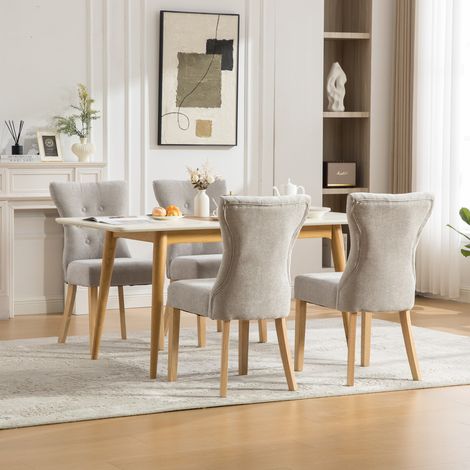 Chaise de salle à manger rembourrée en bois massif, tissu en chenille gris, piètement en bois avec clous décoratifs, lot de 2. (1/5)