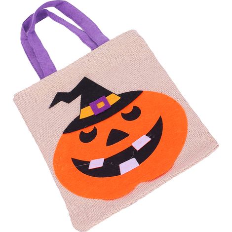Sac fourre-tout en lin, joli sac de rangement coloré pour décoration d'Halloween, fête, déguisement, chapeau noir, citrouille beige (1/5)