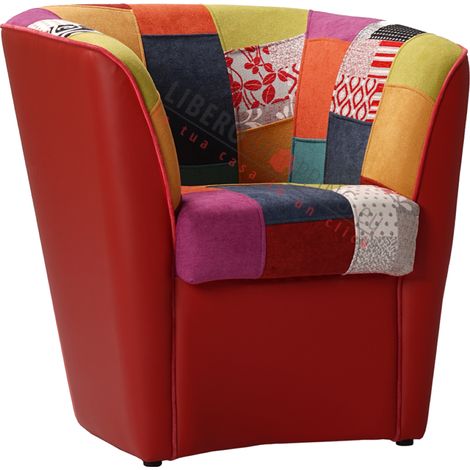 Poltrona in ecopelle ROSSA e seduta in tessuto patchwork (1/5)
