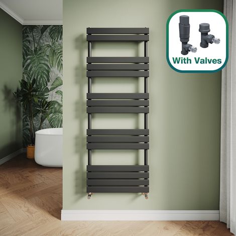 ELEGANT Modern Central Heating Towel Radiator Bathroom Flat Panel Heated Towel Rail 1600x600mm Black + Anthracite Thermostatic Radiator Valves
