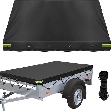 Bâche De Remorque, Bache pour Remorque Plate 214 x 122 x 13 cm, Bâche de Protection Plate Remorque en 600D Tissu Oxford, Bâche de Couverture avec 8m Corde Indéchirable, Noir (1/5)