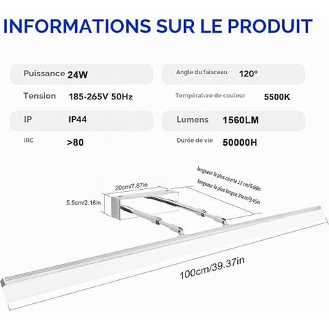 LED Bathroom Mirror Lamp 24 W 1560 LM Bathroom Light 5500 K 100 cm (1/4)