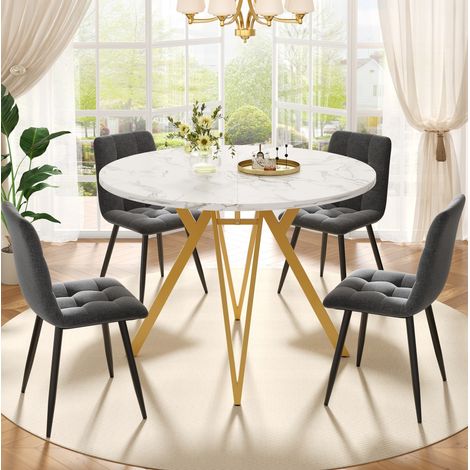 Ensemble table à manger ronde 5 pièces 100 cm MDF effet marbre et chaises grises (1/5)