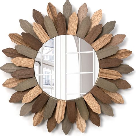 Miroir mural, 30 cm, petit, rustique, en bois, Sunburst, bohème, décoration murale pour maison, salon, chambre à coucher, couloir (tricolore) (1/5)