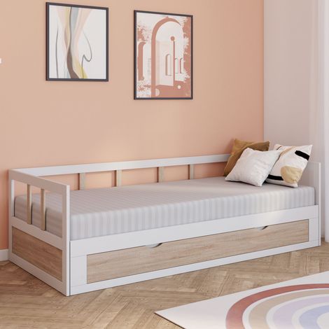 Sofá cama convertible ZOYA 90 x 190 cm 180 x 190 cm blanco y haya con 1 cajón de almacenaje