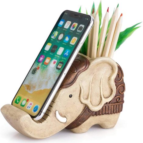 Support Téléphone - Porte-Stylos En Résine - Organiseur De Bureau Éléphant - 21 x 8 x 12 cm - 370 g (1/5)