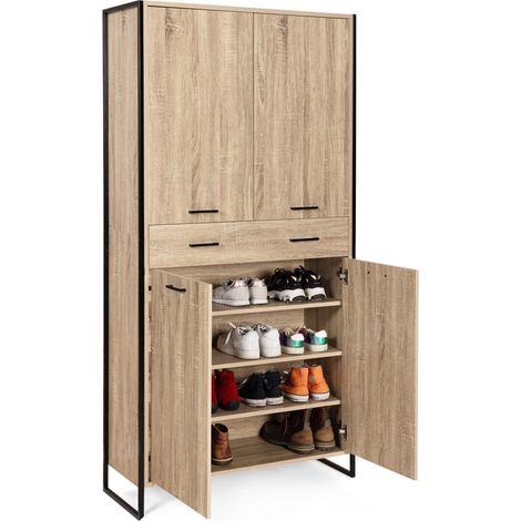 Idmarket – Armoire à chaussures 24 paires – 4 portes avec tiroir – Bi-matière bois hêtre et métal noir – H. 180 cm – Design industriel