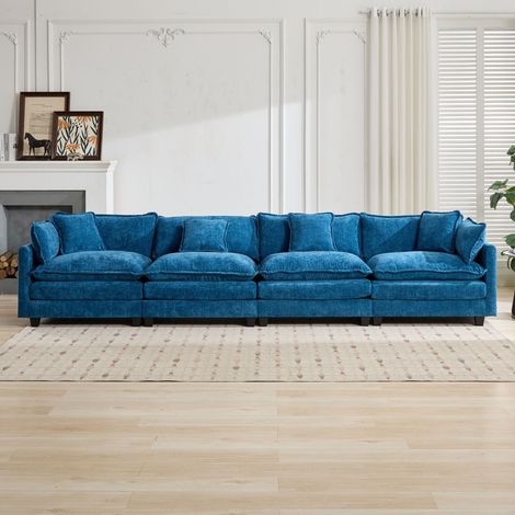 Divano modulare Cloud a 4 posti - Divano componibile per salotto - Seduta a doppio strato - 380x75x84 cm - in tessuto chenille blu (1/5)