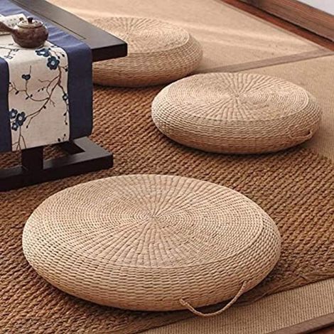 Coussin rond en paille pour canapé, 40 cm (16 pouces), coussin de sol tatami naturel, tapis de yoga et de méditation fait main, pour balcon et extérieur (1/4)