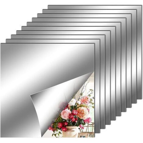 10 Pièces Miroir Muraux Autocollant 20 x 20 cm, Carrés Argenté Amovible Mural Décorative Auto Adhésifs Miroir pour Salle De Bain Salon Chambre (1/5)