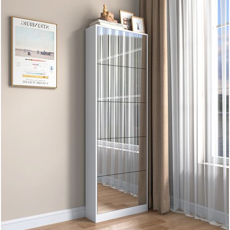 Scarpiera in MDF bianco con specchio a figura intera, salvaspazio, altezza 185 cm (1/5)