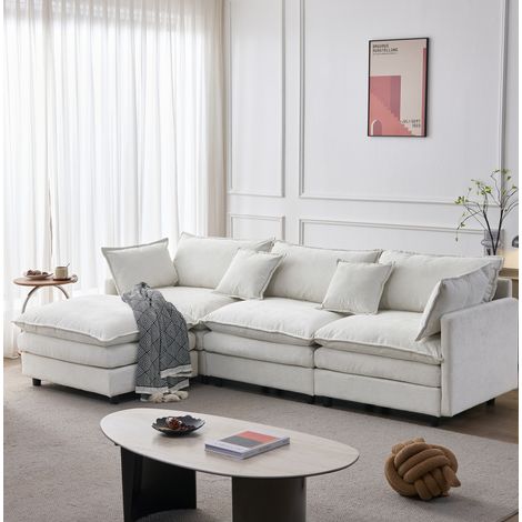 Divano angolare modulare 3 posti in ciniglia beige con chaise longue e pouf HAVRYA (1/5)