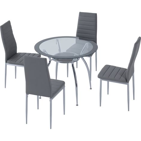5-teiliges Esszimmer-Set – Runder Tisch Ø 90 x 75 cm – 4 Stühle 42 x 52 x 96 cm – Grau