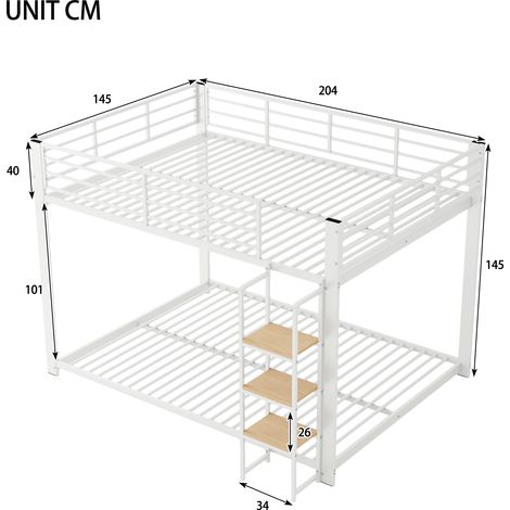 Lit superposé silencieux, bois et métal, blanc, 140x200 cm, capacité 180 kg, barre de sécurité haute, isolation acoustique, échelle intégrée, pour enfants et ados (1/5)