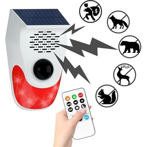Alarma solar, detector de movimiento, señal sonora de 120 dB, luz LED, resistente al agua IP65, para uso interior/exterior. (1/5)
