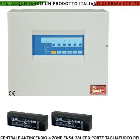 CENTRALE ANTINCENDIO 4 ZONE GESTISCE 128 SENSORI COMANDA BLOCCA PORTE R.E.I ALLARME TELEFONICO SIRENE SPEGNIMENTO 2 BATTERIE 12 V 2 AH