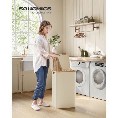 Panier à Linge Mince avec Couvercle, 90L, Gain de Place, Doublure en Maille Amovible, Tissu Oxford, Poignées en Bambou, Pliable, 42 x 32 x 70,5 cm, Blanc Crème (1/5)