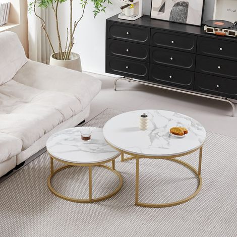 Wokaka Juego de 2 mesas de centro nido modernas, redondas, con tapa de mármol, en color dorado y blanco, que miden 80x44,5 cm y 60x34,5 cm