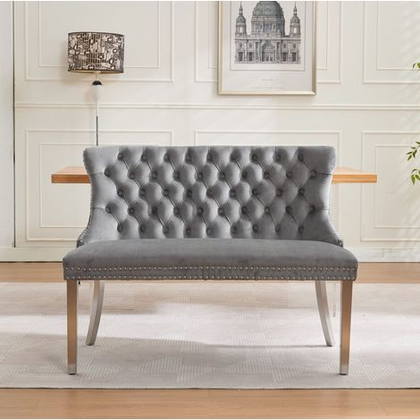 Banco de comedor 2 plazas con respaldo capitoné y patas de acero inoxidable plateadas, de terciopelo, gris (1/5)