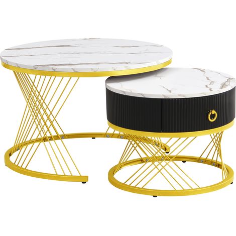 Mesa de centro apilable de 2 piezas con efecto mármol, detalles dorados y cajón, blanco y oro (1/5)