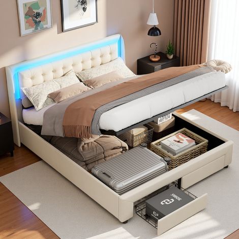 Letto contenitore 160x200 cm - con illuminazione a LED - due cassetti ai piedi del letto - velluto - sistema di stoccaggio idraulico - rete a doghe - adatto per adulti e adolescenti - Beige
