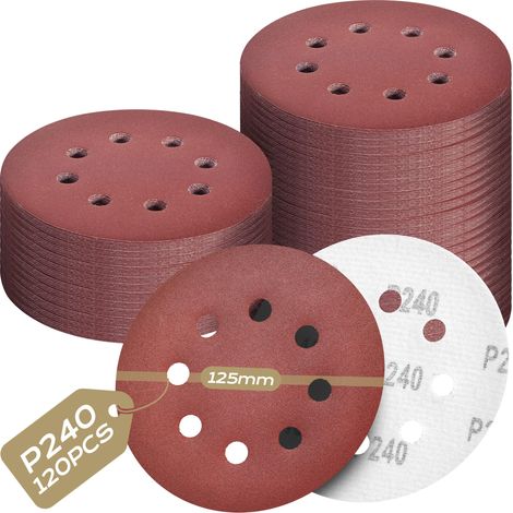 120 Pièces Disque Abrasif 125mm, Convient pour le ponçage papier de verre comporte 8 trous, Utilisation sur une polisseuse traitement des métaux Granularité P240 x 120 pièces (1/5)