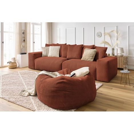 BOBOCHIC - Canapé droit fixe 4 places VOLTAIRE velours côtelé avec pouf Orange (1/5)