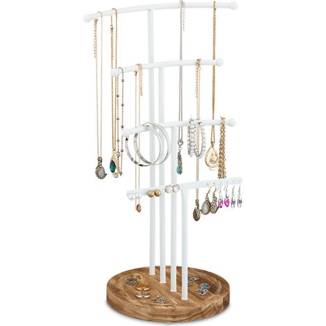 Relaxdays Porte-bijoux, Support à bijoux, rangement T pour colliers & boucles d'oreilles, bois, métal, blanc/brun (1/5)