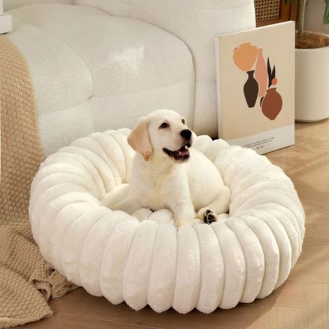 Lit Beignet pour Chat -80cm Coussin Rond Apaisant en Peluche, Lavable avec Fond Antidérapant pour Chaton,Chiot-blanc (1/4)