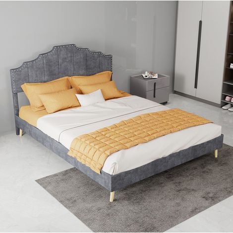 Cama tapizada de tela gris 140x200 cm, estructura metálica y somier de láminas, cabecero geométrico (1/5)