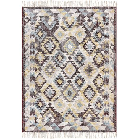 Alfombra de yute beige rojo azul 160 x 230 cm hecho a mano borlas Fener