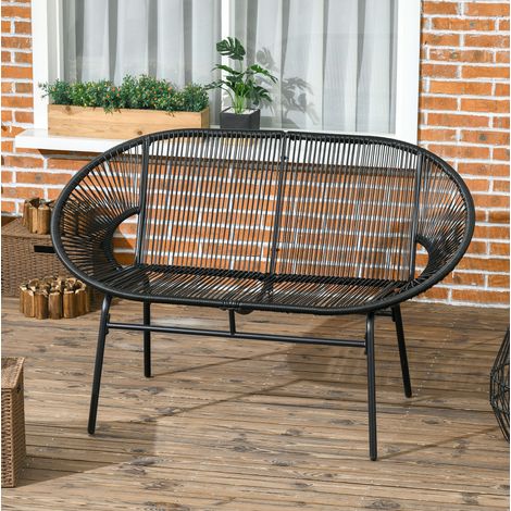 Banc de jardin 2 places en polyrattan noir, structure acier, 132 x 72 x 83 cm, 260 kg (1/5)