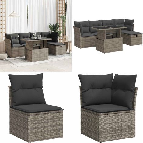 Set de muebles de jardín 6 pzas y cojines ratán sintético gris - Muebles de jardín - Sofás de jardín