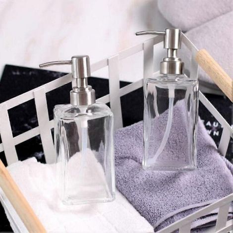 Distributeur De Savon Liquide - Verre Transparent Carré - Pompe Acier Inoxydable - 500 Ml - Pour Salle De Bain Cuisine Hotel - Lot De 2 (1/5)