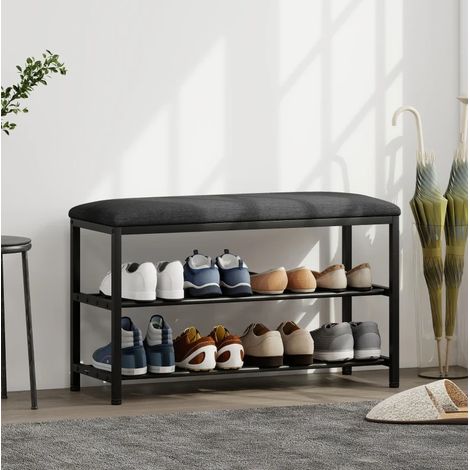 Banco zapatero con asiento acolchado y 2 estantes abiertos 81 x 31 x 50 cm negro OKWISH (1/5)