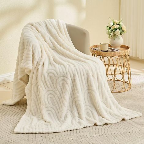 Couverture à carreaux en laine super chaude, couverture à carreaux en fausse fourrure de haute qualité, couverture décorative florale, super doux et moelleux, blanc - 130cmx180cm